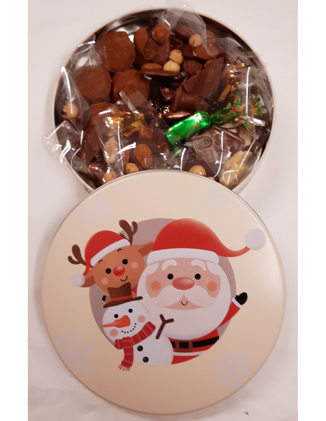 Boîte ronde métal Assortiment Noël - 250 g - Façon Chocolat